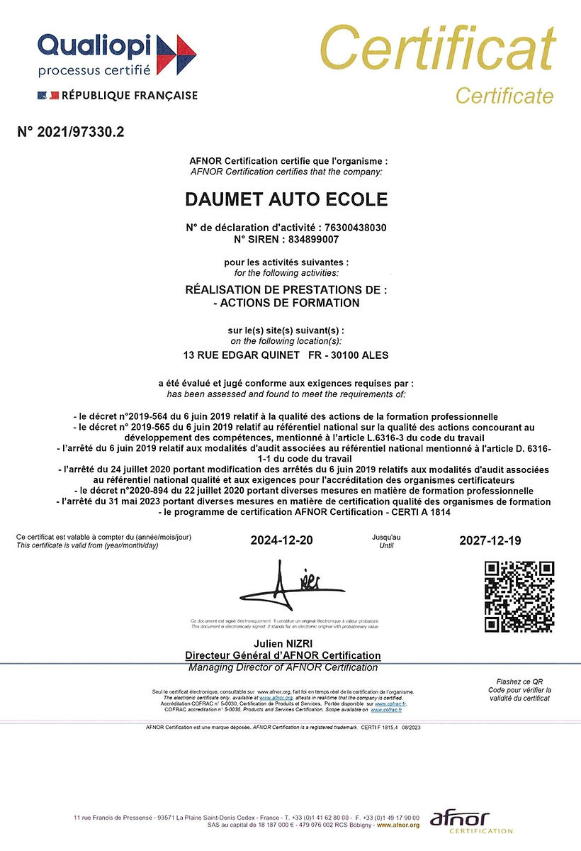 Première capture du certificat Qualiopi CFR Daumet