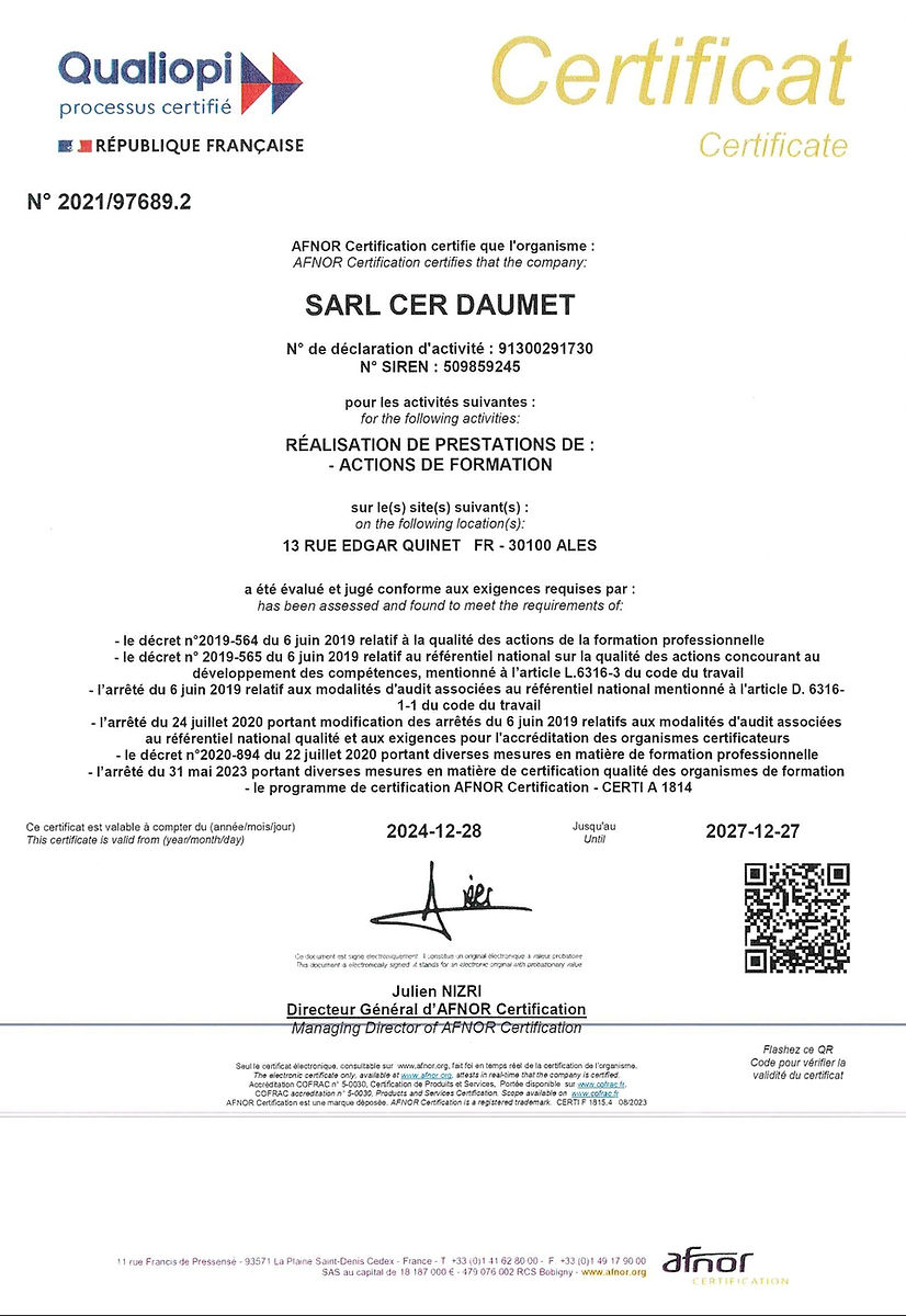 Deuxième capture du certificat Qualiopi CFR Daumet